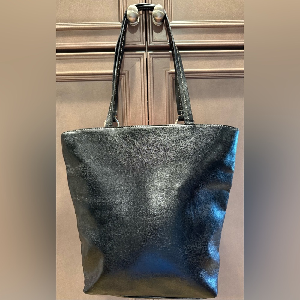 Liz Claiborne Black Leather Tote with Pink “C” Monogram, Initial Accent - Picture 3 of 7